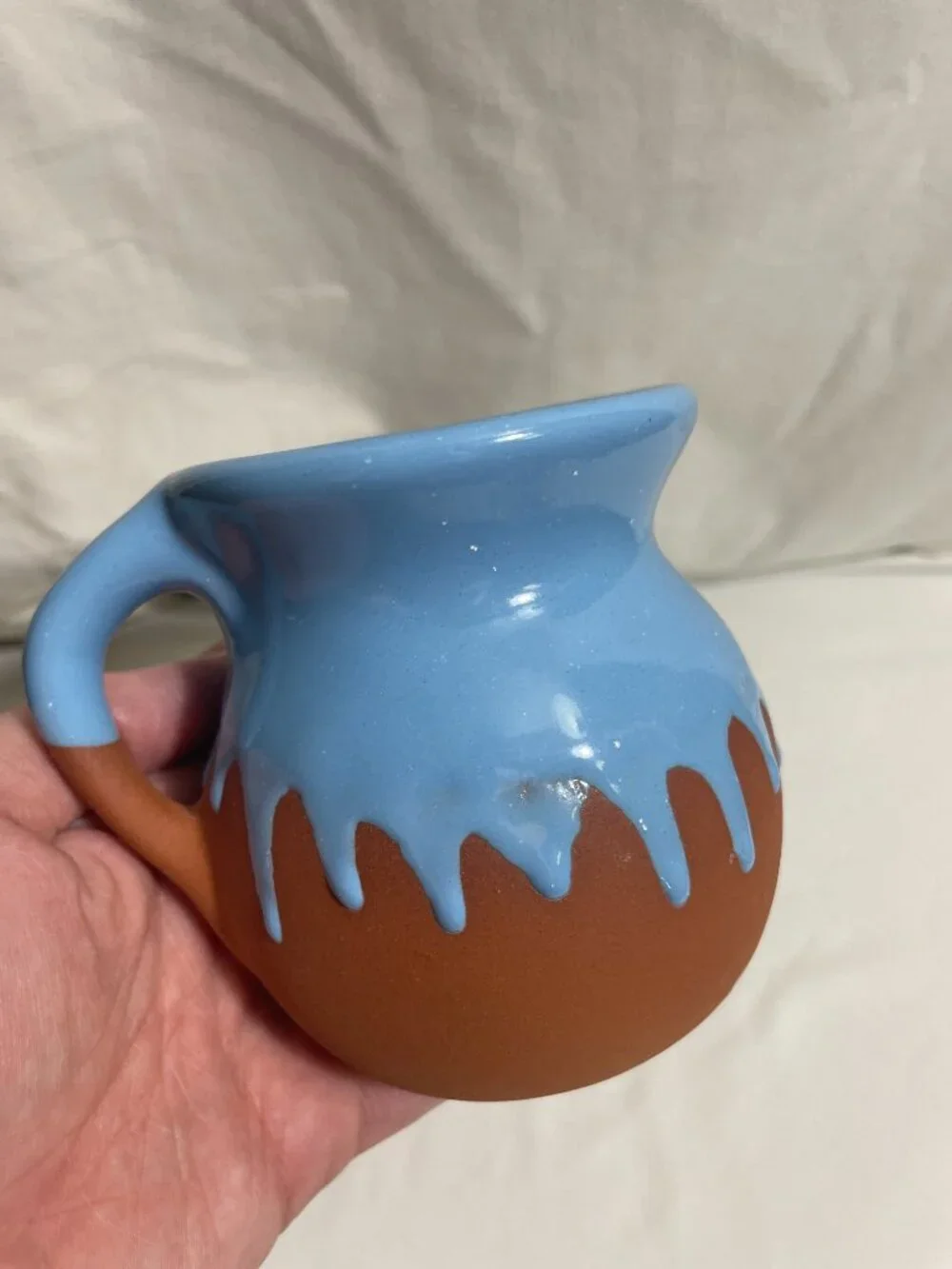 Blue Drip Glaze Pottery Creamer Pitcher Small Rustic Terracotta Milk Jug